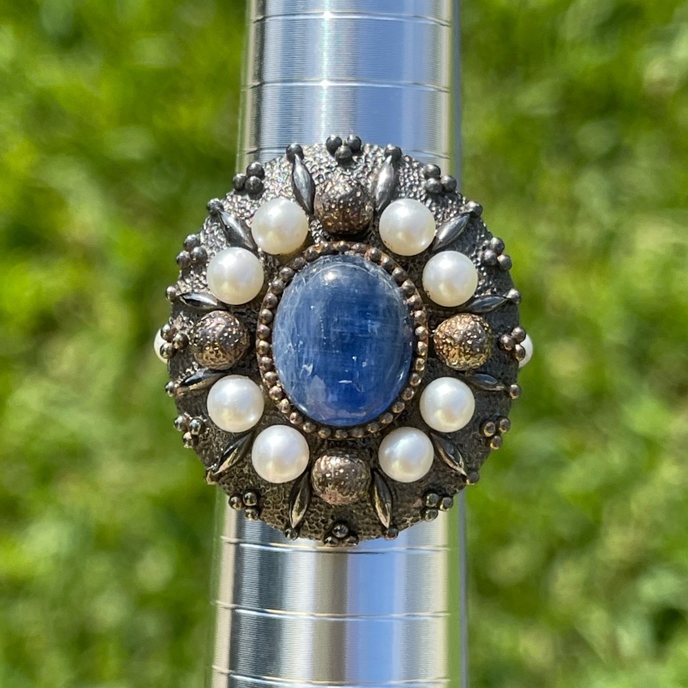 Blue Stone and Faux Pearl 925 Silver-Plated Ring Size 8.75